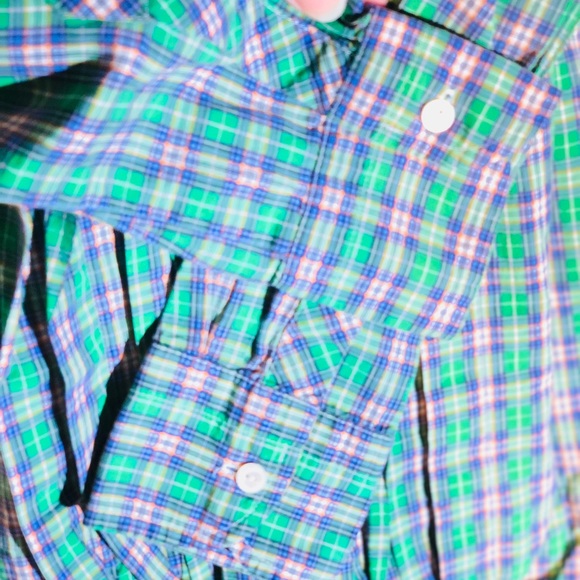 J Crew Gr/Bl plaid ruffle front buttondown size sm - Picture 5 of 8